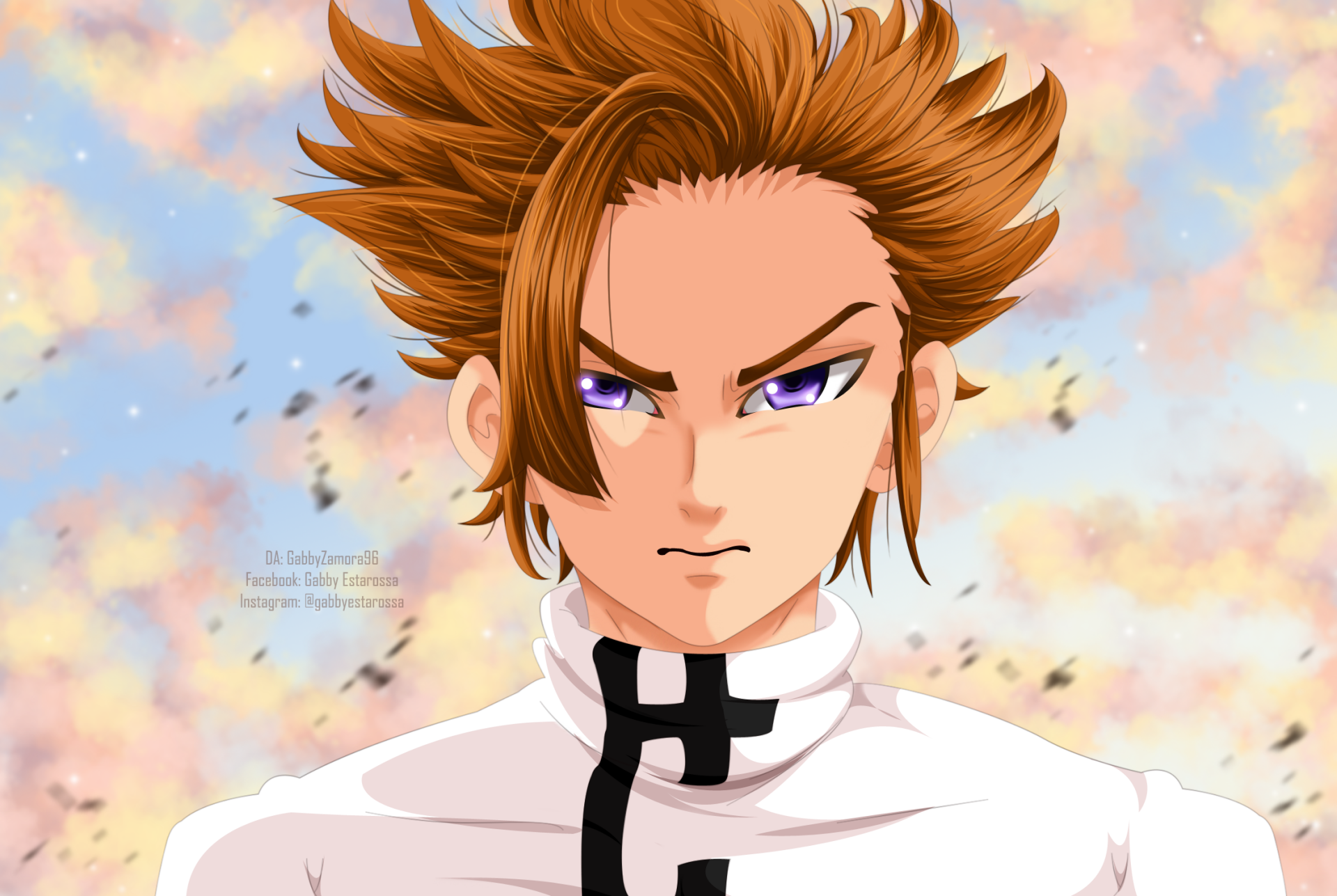 Anime close-up of Arthur Pendragon (The Seven Deadly Sins) with windblown hair and purple eyes against a pastel clouded sky — HD PC desktop wallpaper/background.