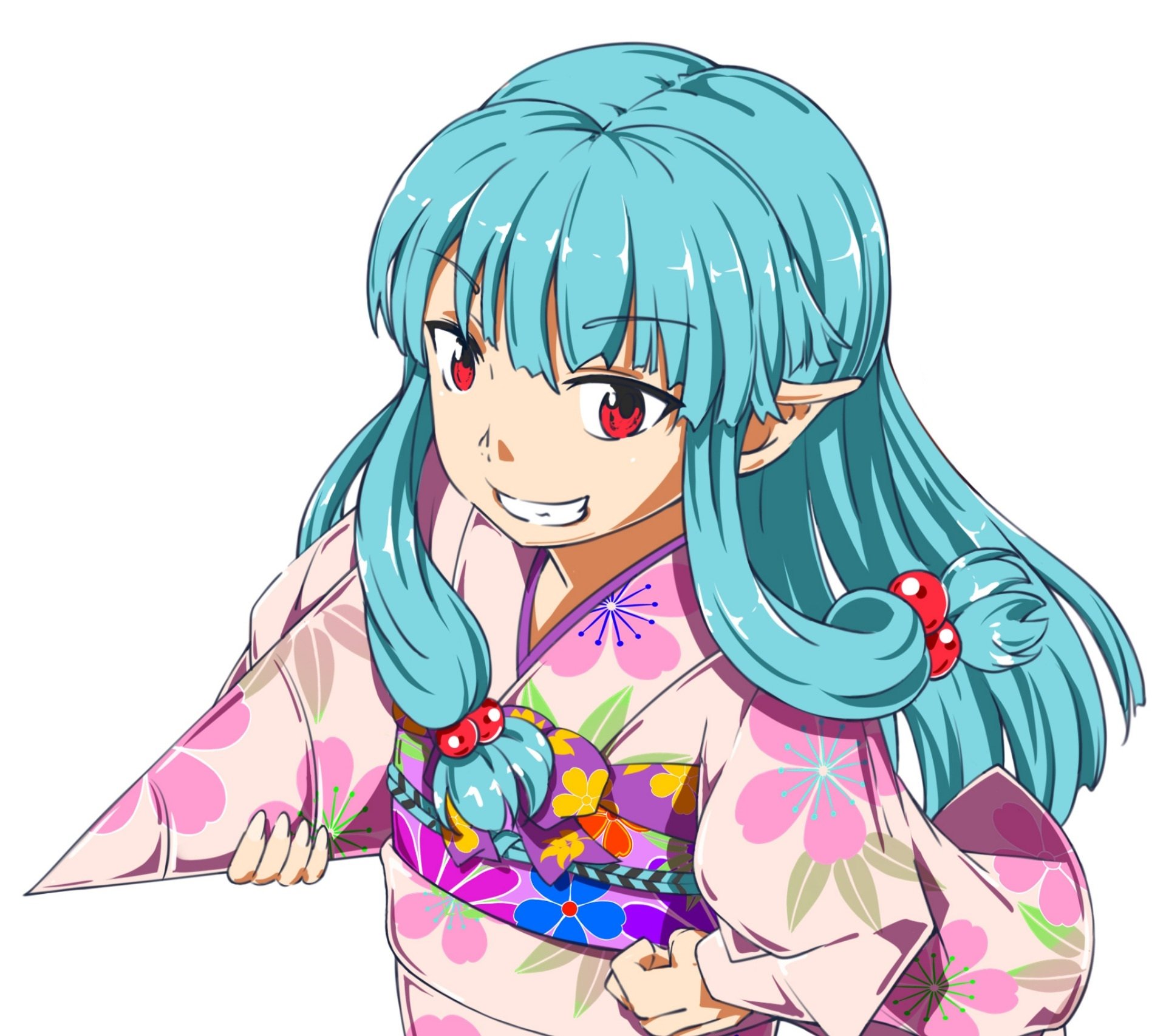 Kiriha (Tsugumomo) anime character with turquoise hair and red eyes, grinning in a pink floral kimono — HD PC desktop wallpaper and background.