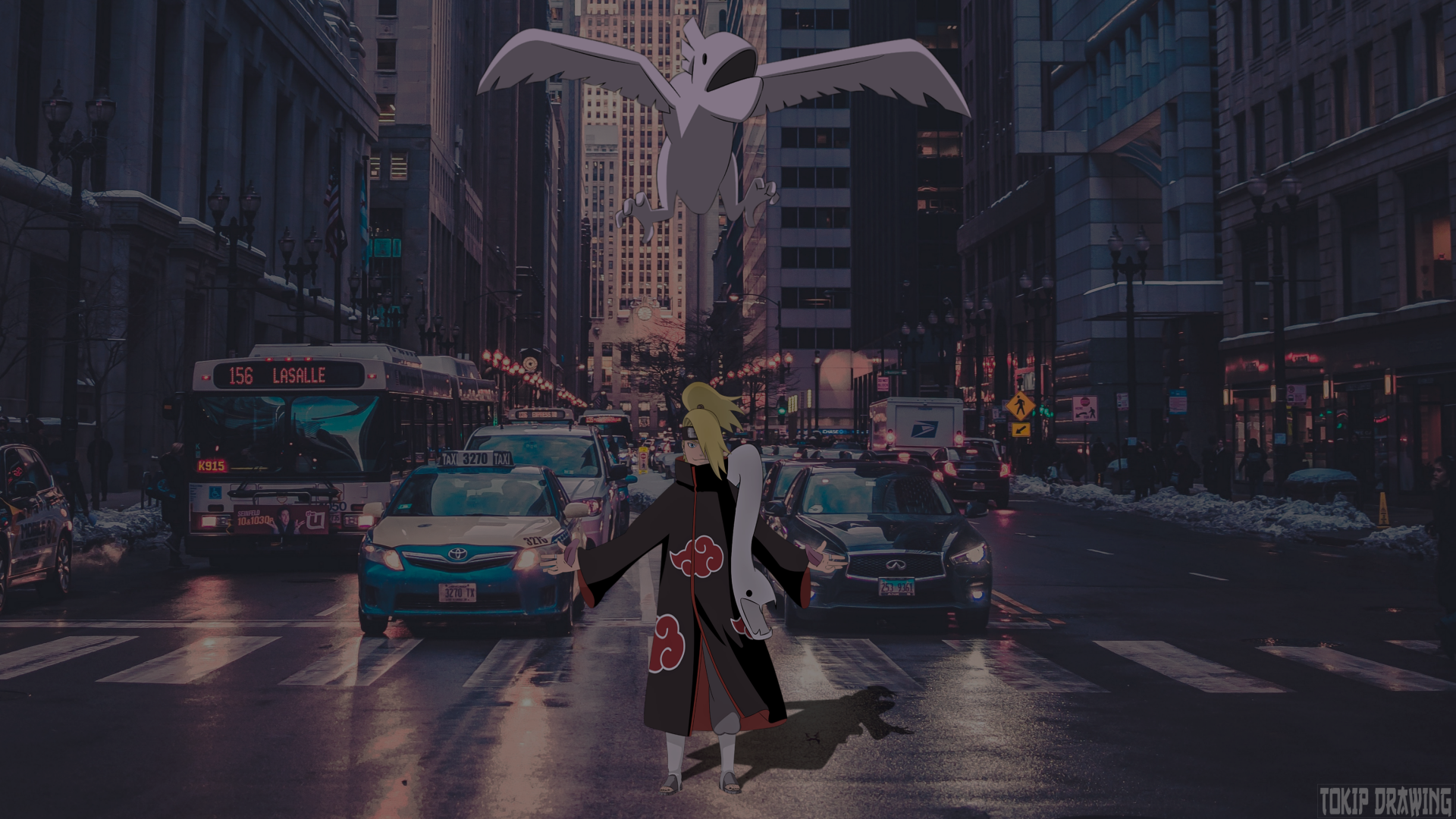 HD PC desktop wallpaper featuring Deidara from Naruto standing in a busy city street with a large bird soaring overhead, blending anime style with urban scenery.