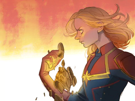 Comic-style HD PC desktop wallpaper of Captain Marvel — a determined blonde in a red-and-blue suit with star emblem, holding a glowing helmet against a warm, fiery sky.