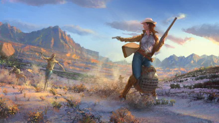 A cowgirl armed with a rifle faces undead zombies in a vast, rugged landscape inspired by the Fallout video game, captured in high-definition desktop wallpaper style.