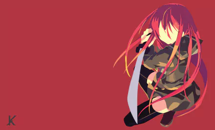 Minimalist HD anime wallpaper featuring Shana from Shakugan No Shana with long hair, thigh highs, skirt, and katana against a solid red background.