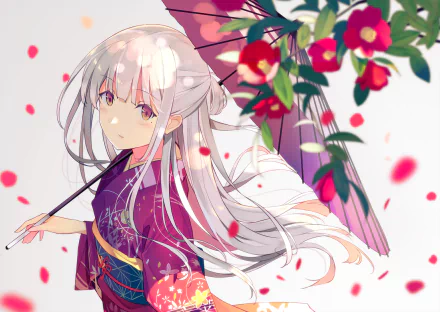Anime-style original HD desktop wallpaper featuring a girl in a purple kimono holding an umbrella, surrounded by falling petals and vibrant flowers.