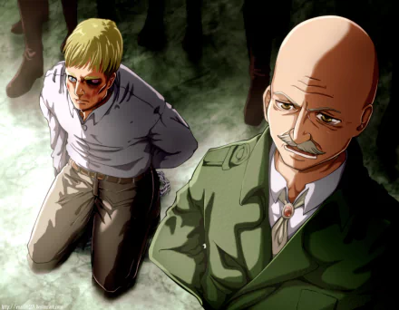 HD PC wallpaper of Attack on Titan: commanders Dot Pixis standing in uniform and Erwin Smith kneeling, bloodied and bruised in dramatic lighting.