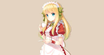 Anime-style HD desktop wallpaper of a blonde maid with long hair and blue eyes, holding a cup and saucer, dressed in a detailed red and white uniform.