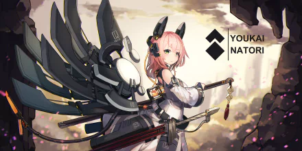 HD anime-style original desktop wallpaper featuring a pink-haired character with mechanical wings and a sword, set against a dramatic cloudy sky background.