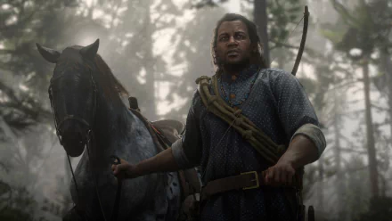 Charles Smith from the video game Red Dead Redemption 2 stands beside his horse in a misty forest, bow slung and rope over his shoulder — HD PC desktop wallpaper background