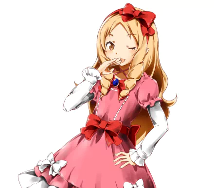 HD PC desktop wallpaper featuring Elf Yamada from EroManga-Sensei, depicted in a pink dress with braided blonde hair and a playful wink.