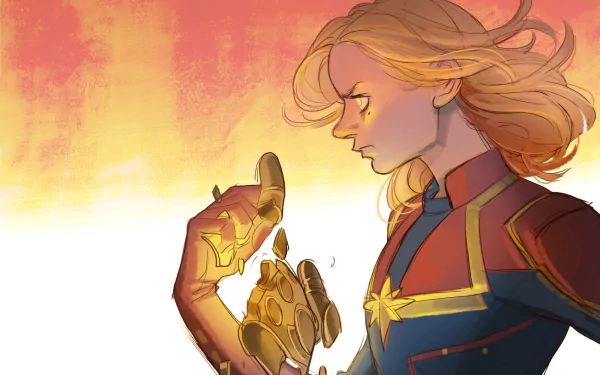 Comic-style HD PC desktop wallpaper of Captain Marvel — a determined blonde in a red-and-blue suit with star emblem, holding a glowing helmet against a warm, fiery sky.