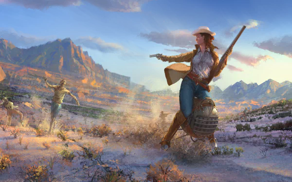 A cowgirl armed with a rifle faces undead zombies in a vast, rugged landscape inspired by the Fallout video game, captured in high-definition desktop wallpaper style.