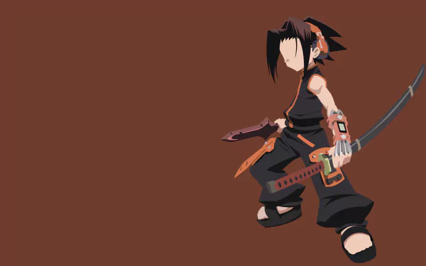 HD PC desktop wallpaper featuring Yoh Asakura from the anime Shaman King, depicted with his signature outfit and weapon on a solid brown background.
