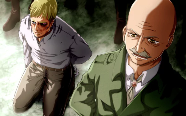 HD PC wallpaper of Attack on Titan: commanders Dot Pixis standing in uniform and Erwin Smith kneeling, bloodied and bruised in dramatic lighting.
