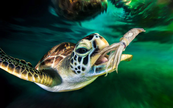  Green Sea Turtle About to Eat a Squid