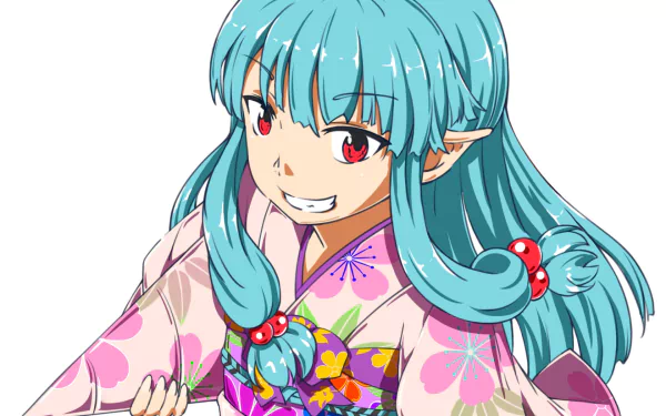 Kiriha (Tsugumomo) anime character with turquoise hair and red eyes, grinning in a pink floral kimono — HD PC desktop wallpaper and background.