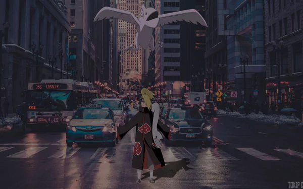 HD PC desktop wallpaper featuring Deidara from Naruto standing in a busy city street with a large bird soaring overhead, blending anime style with urban scenery.