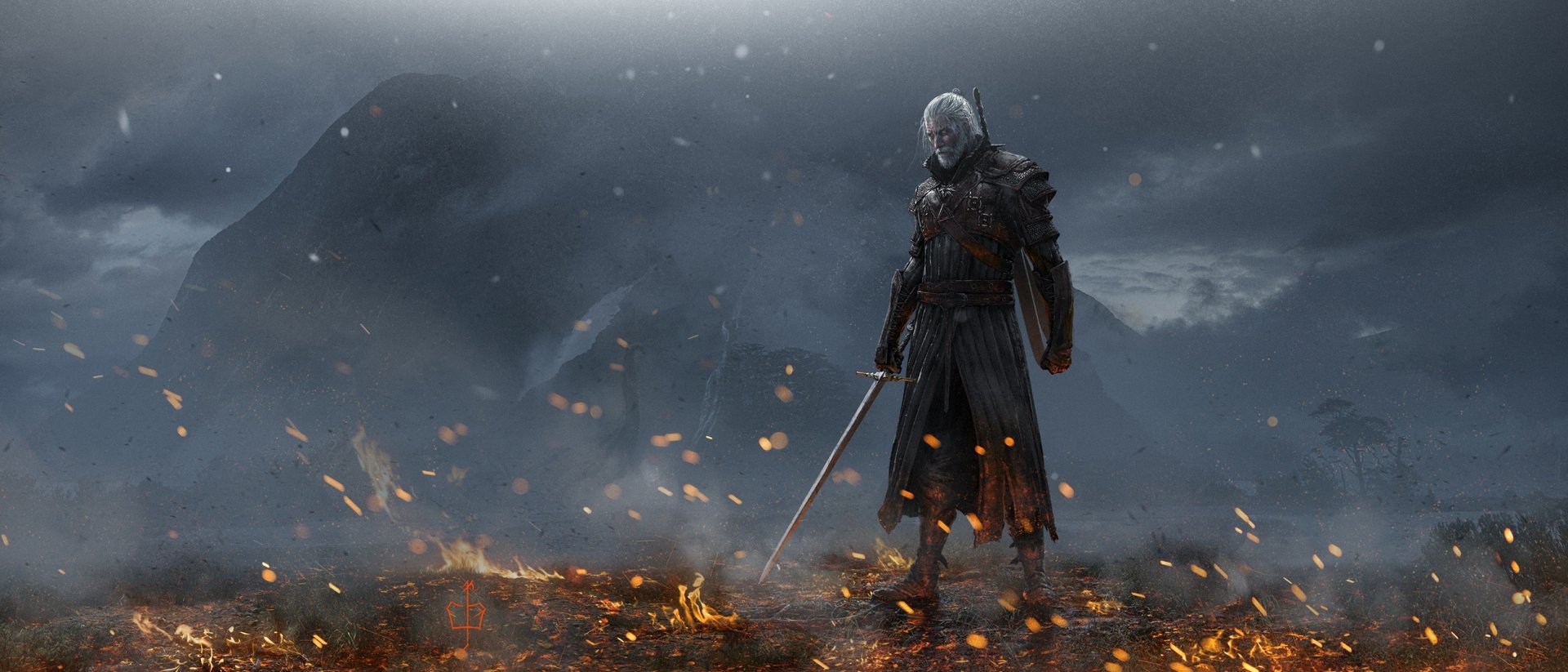 A high-definition desktop wallpaper featuring Geralt of Rivia from The Witcher 3: Wild Hunt. He stands poised with a sword amid a fiery, war-torn landscape, with mountains and smoke in the background.
