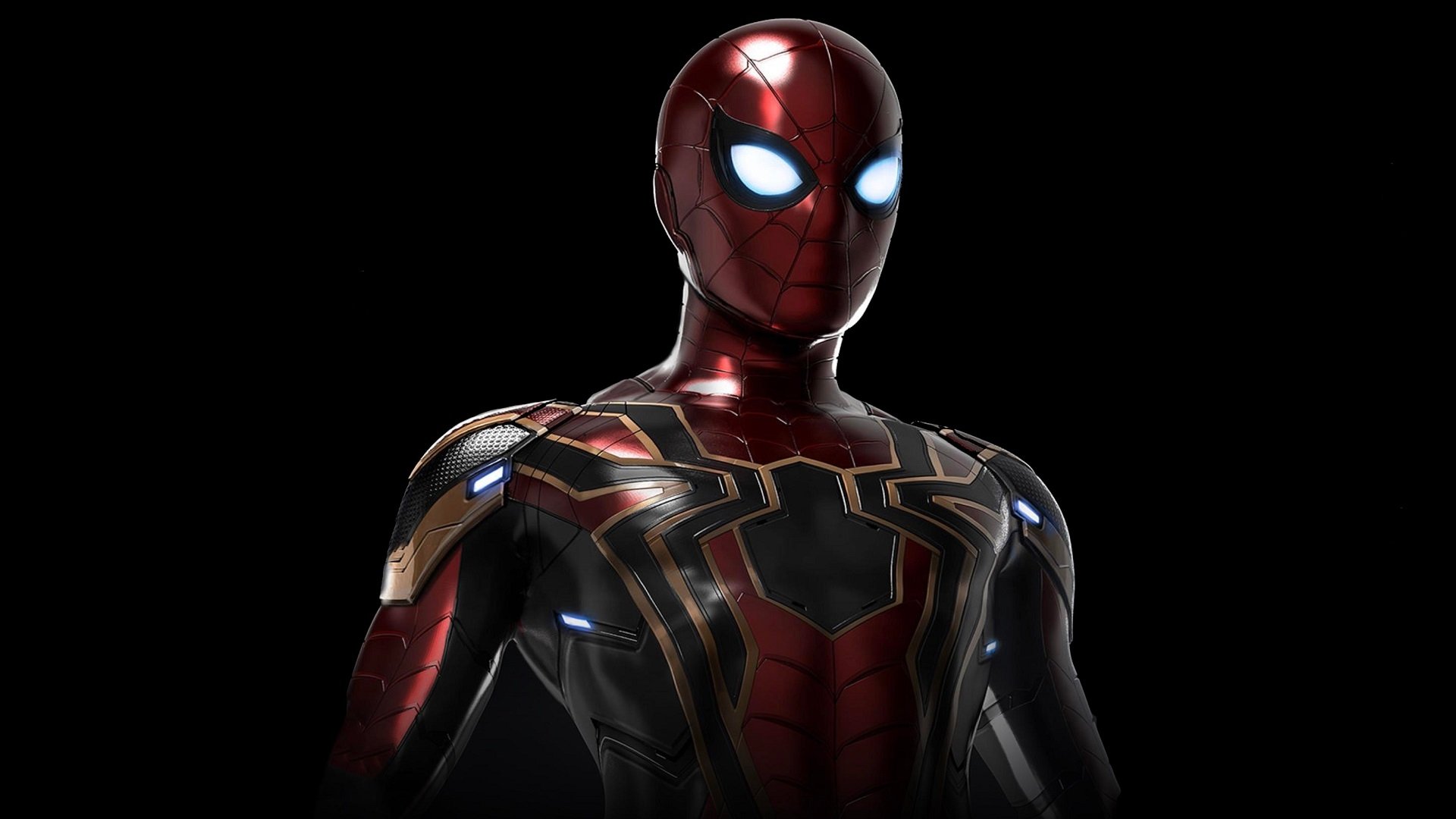 HD desktop wallpaper of Iron-Spider from the movie Avengers: Infinity War, featuring Spider-Man in his advanced suit with glowing eyes against a black background.
