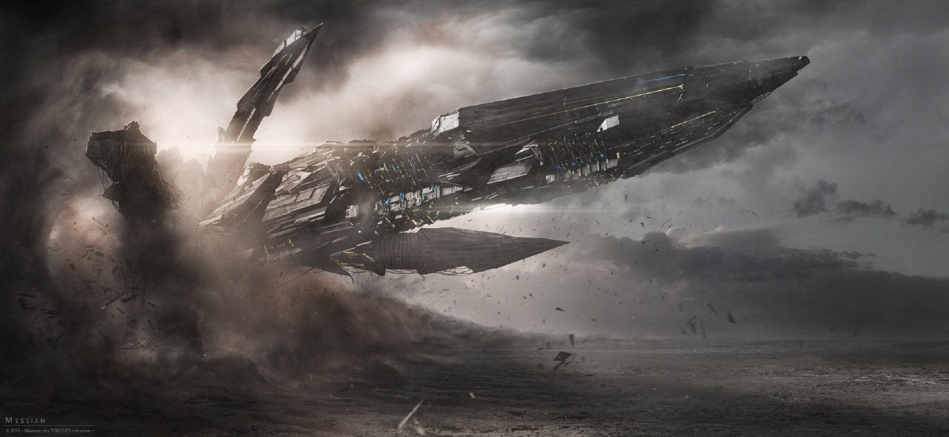 A highly detailed spaceship flies over a dramatic, stormy landscape with dark clouds in the sky, creating a sci-fi atmosphere. This HD desktop wallpaper captures a striking scene of futuristic adventure.