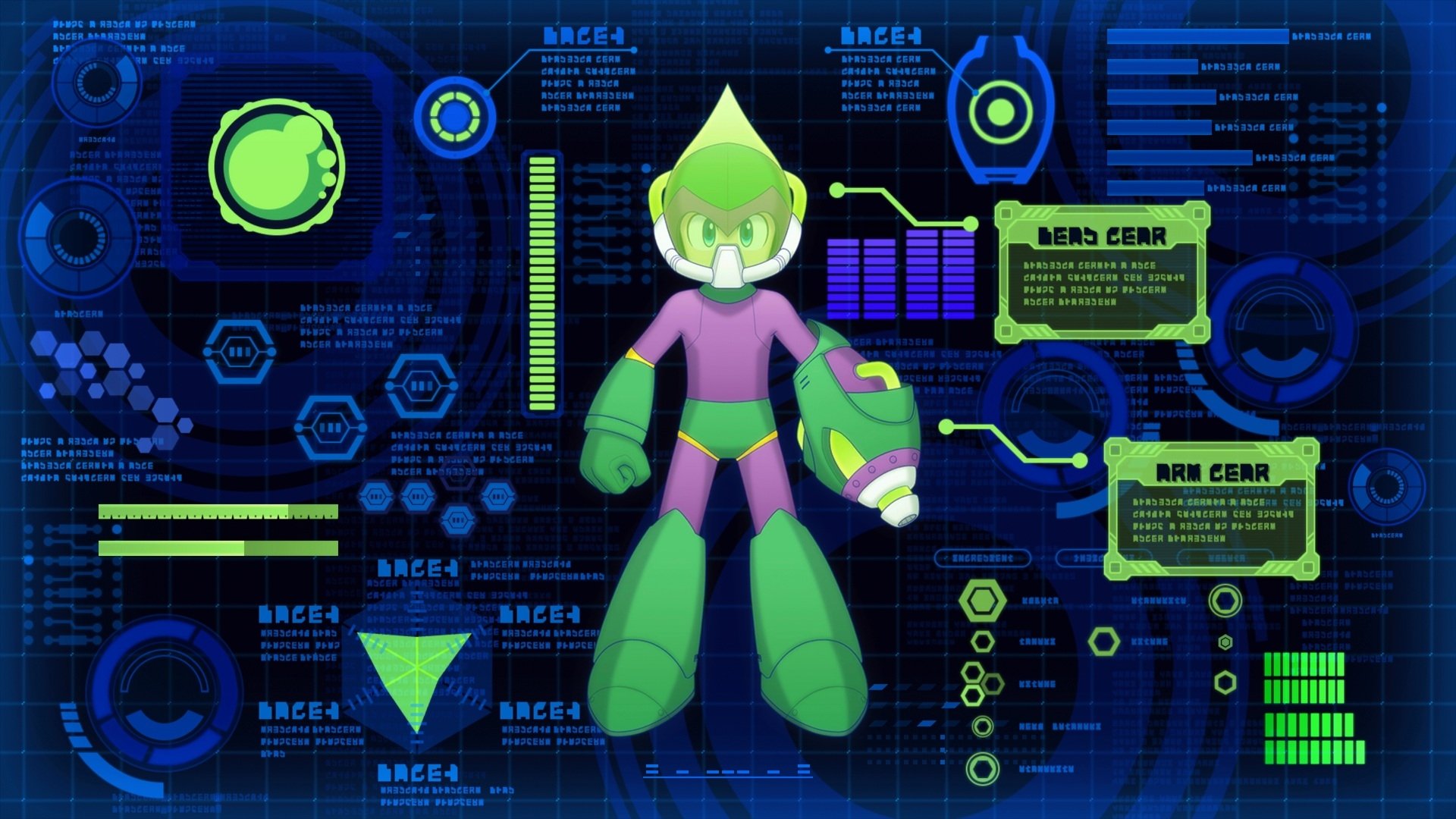 HD desktop wallpaper featuring Mega Man from Mega Man 11, posed against a blue, digital-themed background with game interface elements.