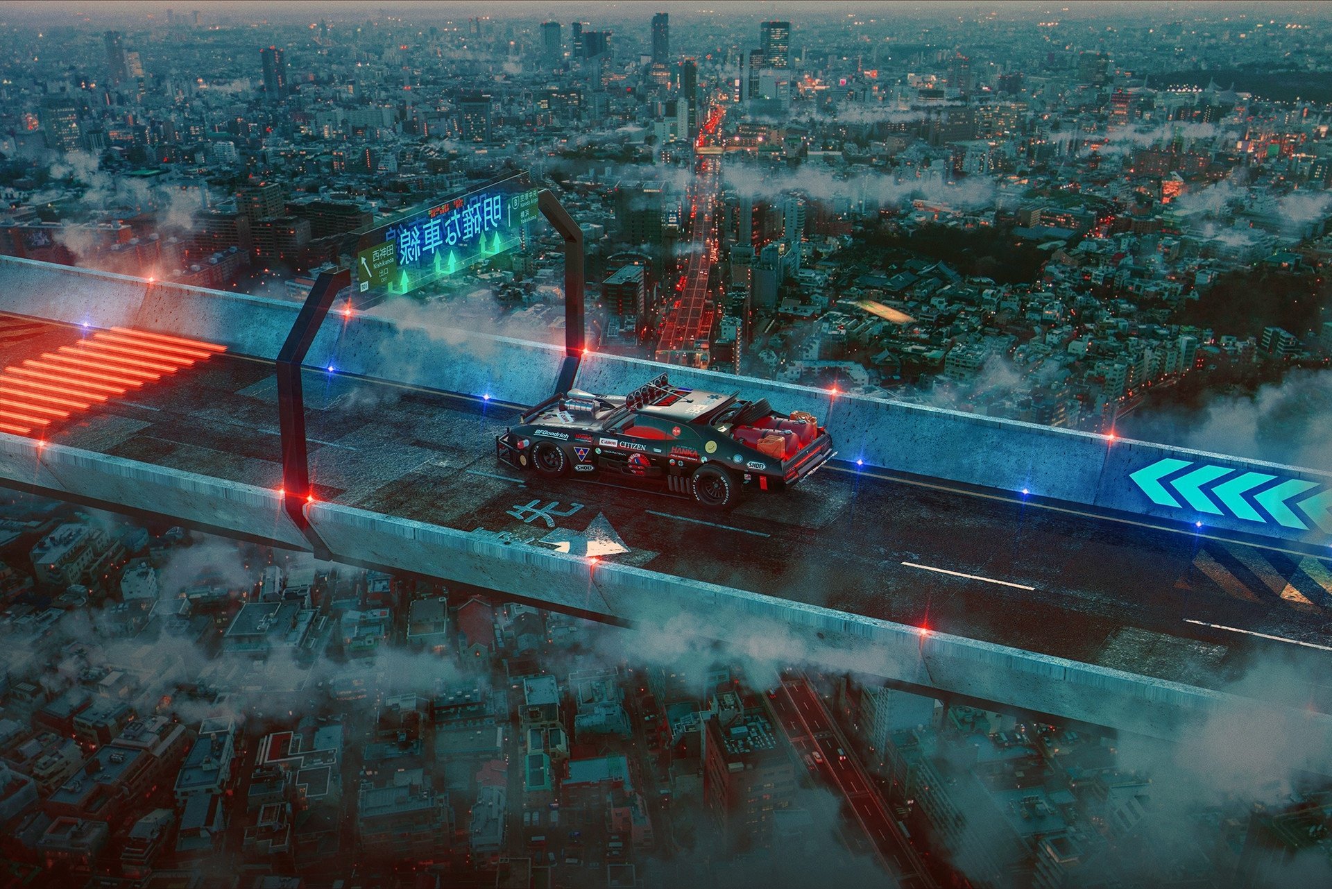 A high-definition desktop wallpaper depicting a futuristic sci-fi cityscape with a sleek vehicle on an elevated road, surrounded by neon lights and a misty city below.