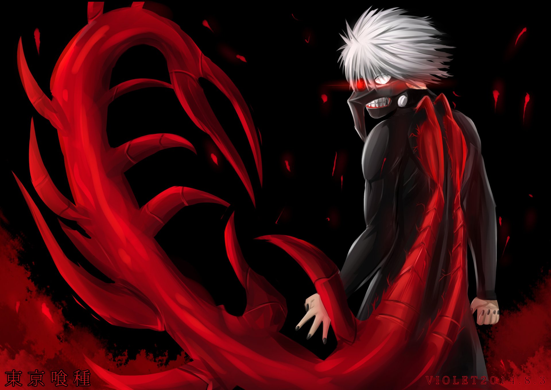 Tokyo Ghoul anime 2K desktop wallpaper: Ken Kaneki in a black bodysuit with white hair, red kagune kakuja unfurling behind him against a dark background.