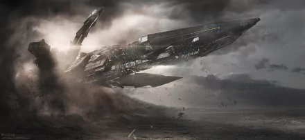 A highly detailed spaceship flies over a dramatic, stormy landscape with dark clouds in the sky, creating a sci-fi atmosphere. This HD desktop wallpaper captures a striking scene of futuristic adventure.