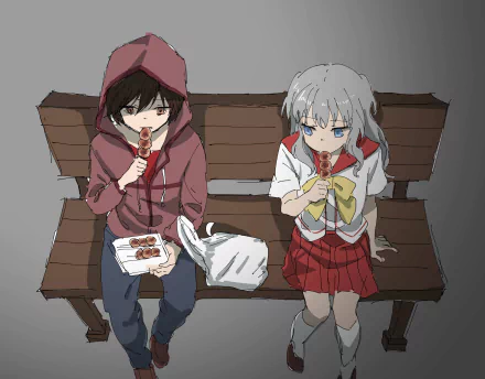2K Quad HD anime wallpaper: Nao Tomori and Yū Otosaka from Charlotte sit on a bench eating skewered snacks; he wears a hoodie, she in her school uniform.