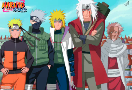 HD anime wallpaper: Naruto Uzumaki, Kakashi Hatake, Minato Namikaze, Jiraiya and Hiruzen Sarutobi—Konoha ninjas and Hokage posed against the village skyline.