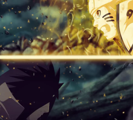 HD PC desktop wallpaper showing Madara Uchiha and Naruto Uzumaki clashing in an anime battle, split-screen composition with fiery chakra, flying debris, and dramatic lighting.