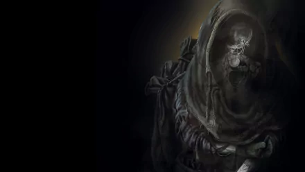 HD desktop wallpaper featuring a mysterious figure from the game Darkwood, shrouded in darkness with glowing eyes.