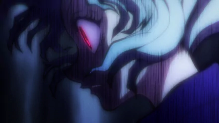 HD wallpaper featuring Neferpitou from the anime Hunter x Hunter, with an eerie and shadowy atmosphere, highlighting the character's red eyes in a dramatic and intense scene.