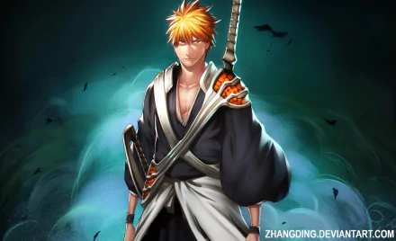 HD PC desktop wallpaper featuring Ichigo Kurosaki from the anime Bleach, depicted with his sword against a dark, glowing background.