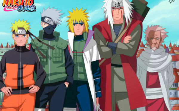 HD anime wallpaper: Naruto Uzumaki, Kakashi Hatake, Minato Namikaze, Jiraiya and Hiruzen Sarutobi—Konoha ninjas and Hokage posed against the village skyline.