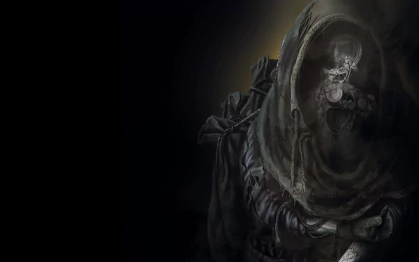 HD desktop wallpaper featuring a mysterious figure from the game Darkwood, shrouded in darkness with glowing eyes.