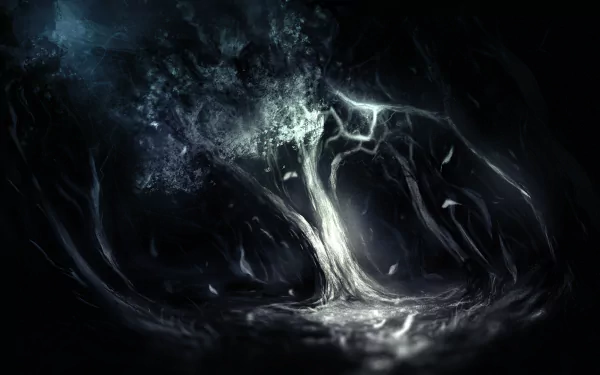 HD wallpaper of a mystical dark forest with ethereal lighting, creating an enigmatic background.