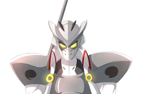 Bulat (Akame Ga Kill!) anime character in white armored suit with glowing yellow eyes and spear — HD PC desktop wallpaper/background with clean white and gray tones.