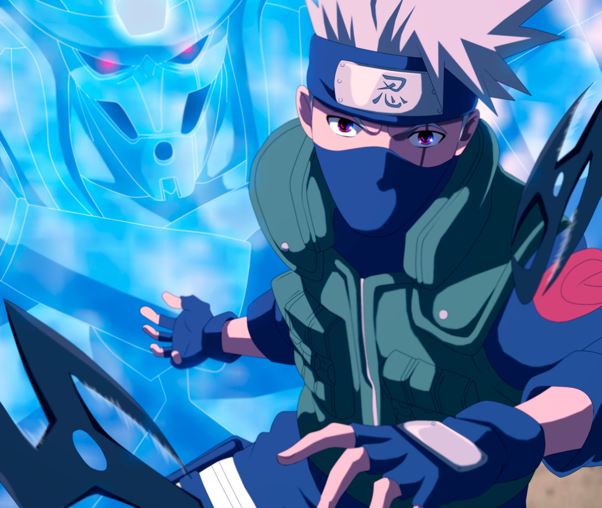HD anime desktop wallpaper featuring Kakashi Hatake from Naruto, depicted in dynamic action with his Sharingan eye and summoned blue chakra construct in the background.