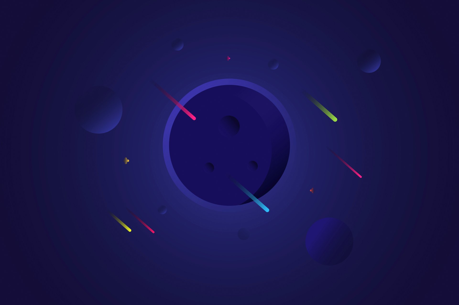 Artistic minimalist HD wallpaper featuring a dark planet with colorful meteors against a deep blue background, designed as a desktop background.