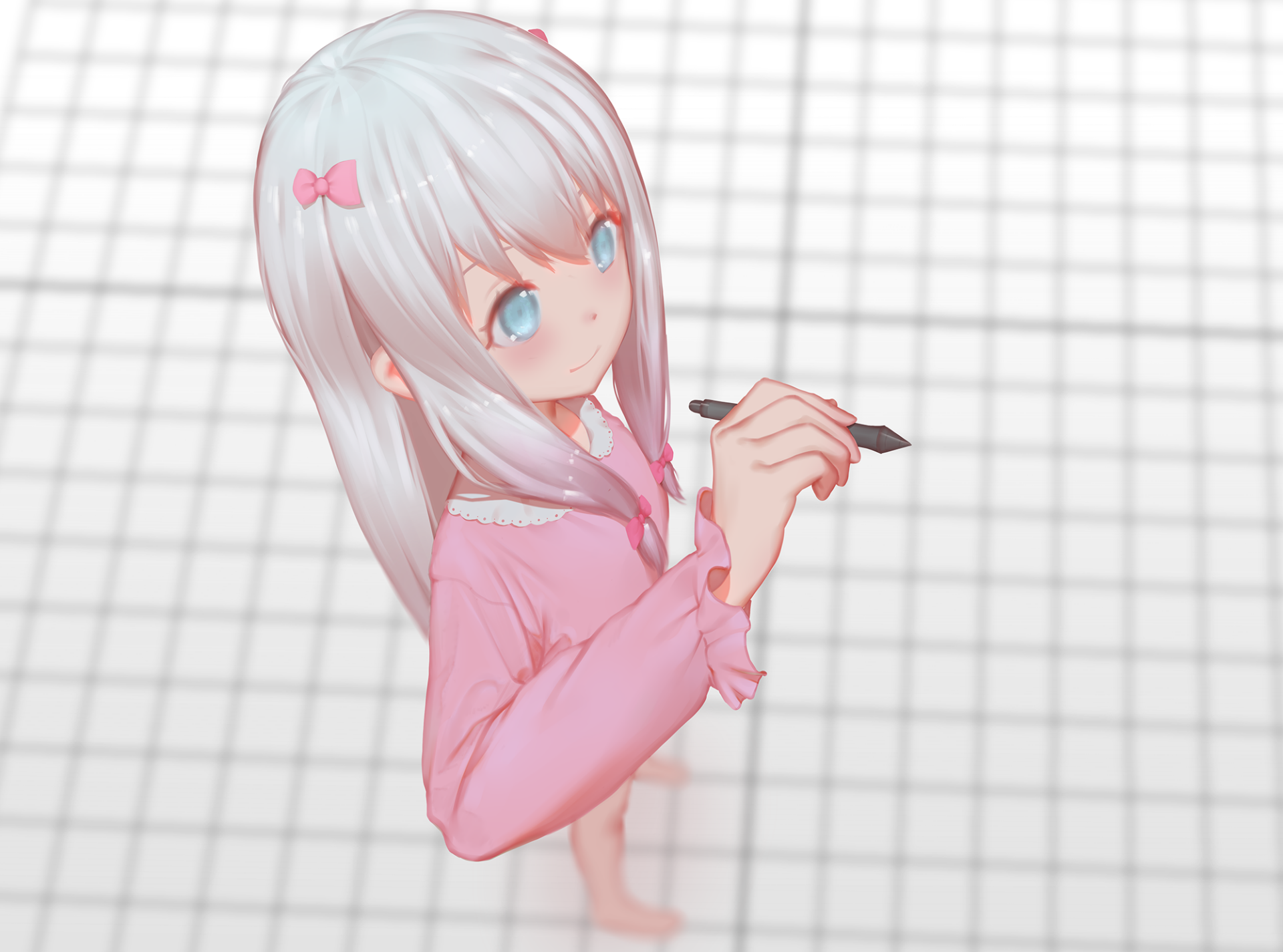 Sagiri Izumi (EroManga-Sensei) anime HD PC desktop wallpaper: silver-haired girl with blue eyes, pink bow and sweater holding a pen against a pale grid background.