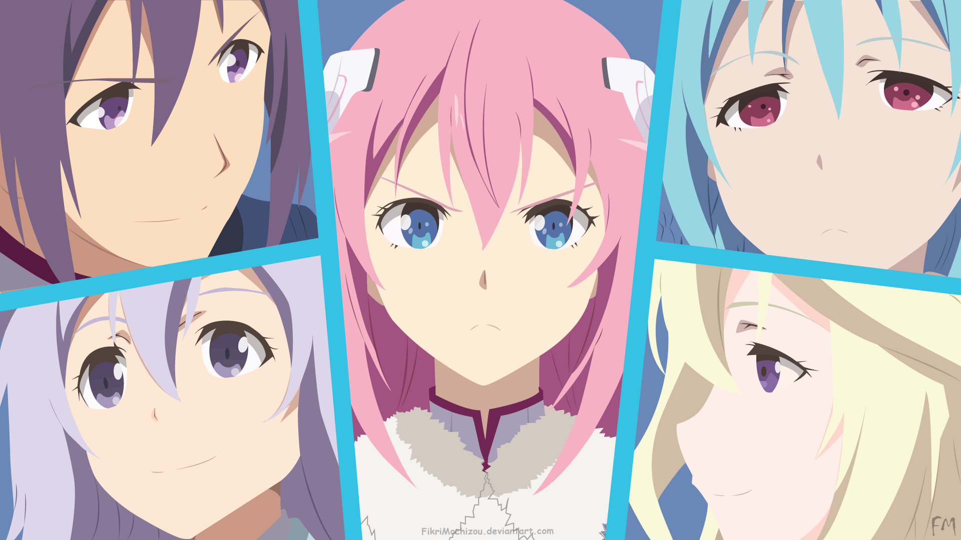 HD PC desktop wallpaper featuring characters from the anime The Asterisk War: The Academy City on the Water in a vibrant, colorful collage style.