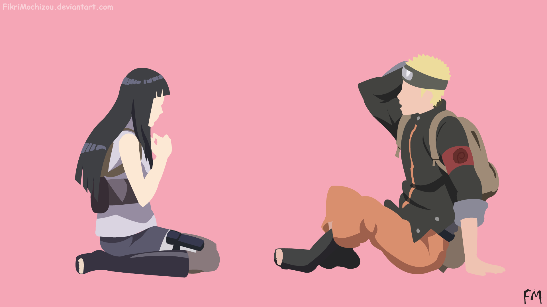 Anime desktop wallpaper featuring Hinata Hyuga and Naruto Uzumaki from Boruto: Naruto the Movie, sitting and facing each other against a pink background.
