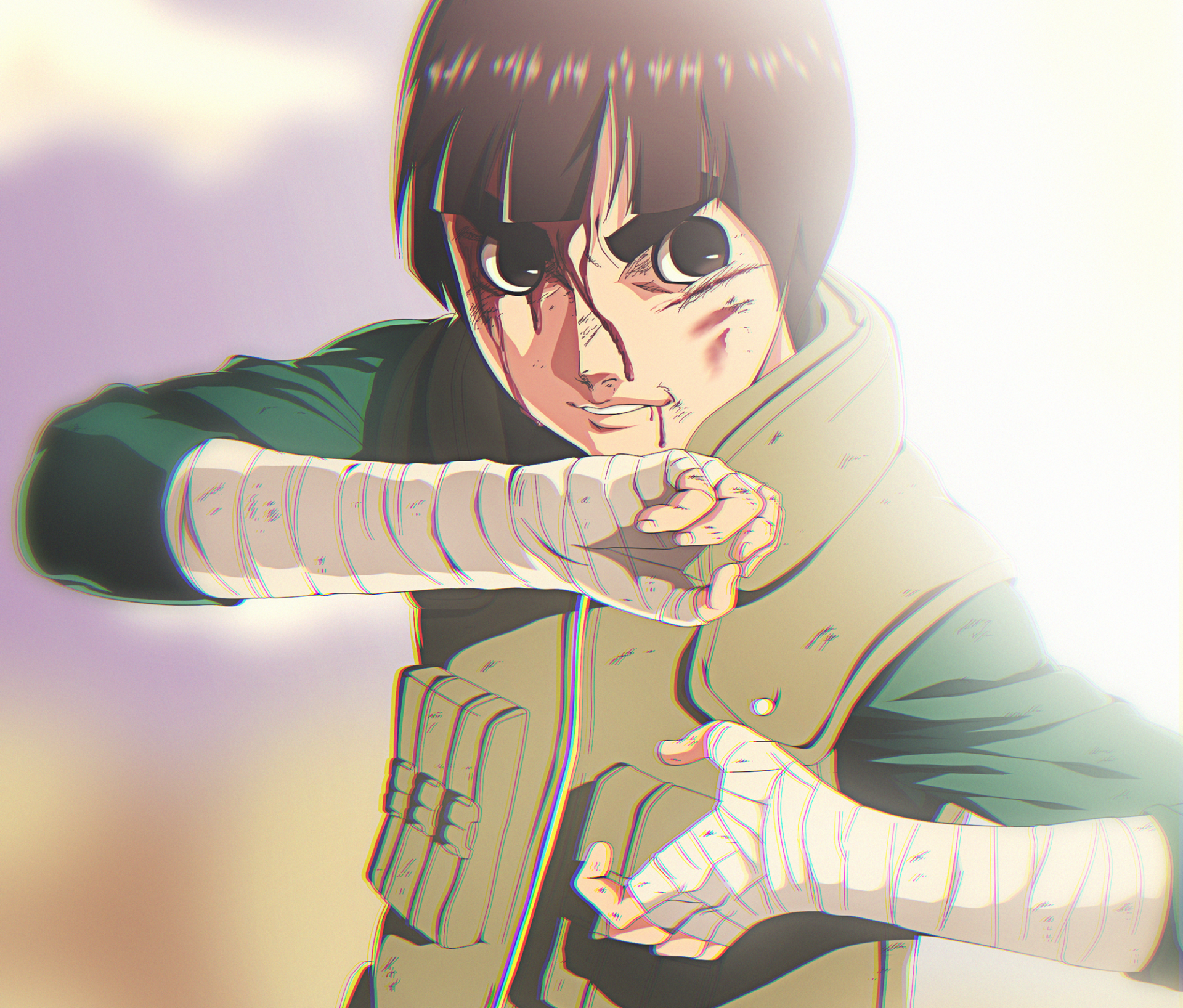 HD PC wallpaper featuring Rock Lee from the anime Naruto in a fighting pose with bandaged hands and determined expression.