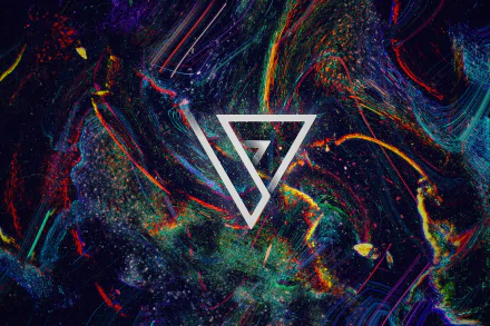 HD desktop wallpaper featuring a colorful abstract polyscape with vibrant shapes and intricate designs, highlighted by a white geometric triangle in the center.