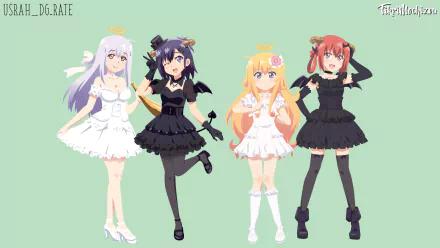 HD PC wallpaper of Gabriel DropOut: Vignette, Satanichia, Raphiel and Gabriel in black and white frilly dresses with halos on a mint background.