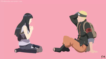 Anime desktop wallpaper featuring Hinata Hyuga and Naruto Uzumaki from Boruto: Naruto the Movie, sitting and facing each other against a pink background.