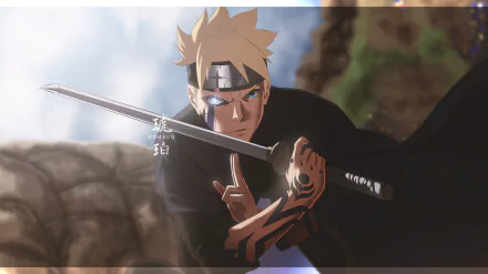HD anime desktop wallpaper of Boruto Uzumaki, Jōgan glowing in his eye as he grips a sword in a tense, battle-ready pose.