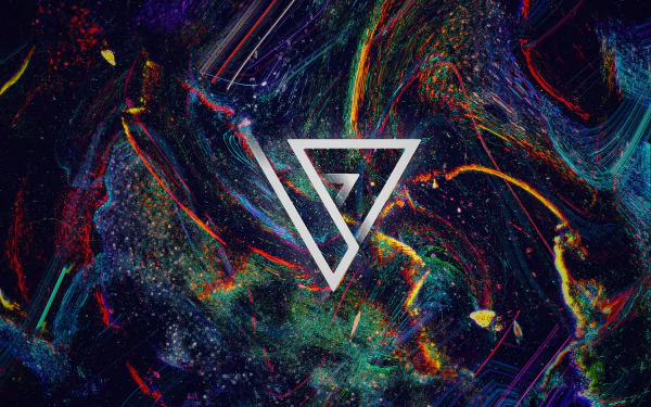 HD desktop wallpaper featuring a colorful abstract polyscape with vibrant shapes and intricate designs, highlighted by a white geometric triangle in the center.