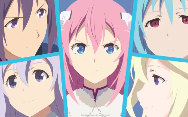 HD PC desktop wallpaper featuring characters from the anime The Asterisk War: The Academy City on the Water in a vibrant, colorful collage style.