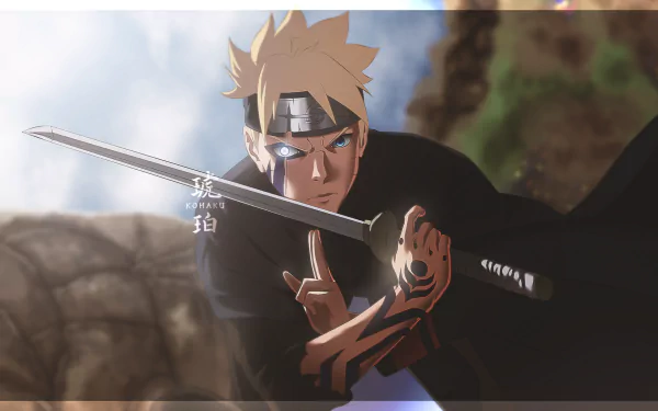 HD anime desktop wallpaper of Boruto Uzumaki, Jōgan glowing in his eye as he grips a sword in a tense, battle-ready pose.