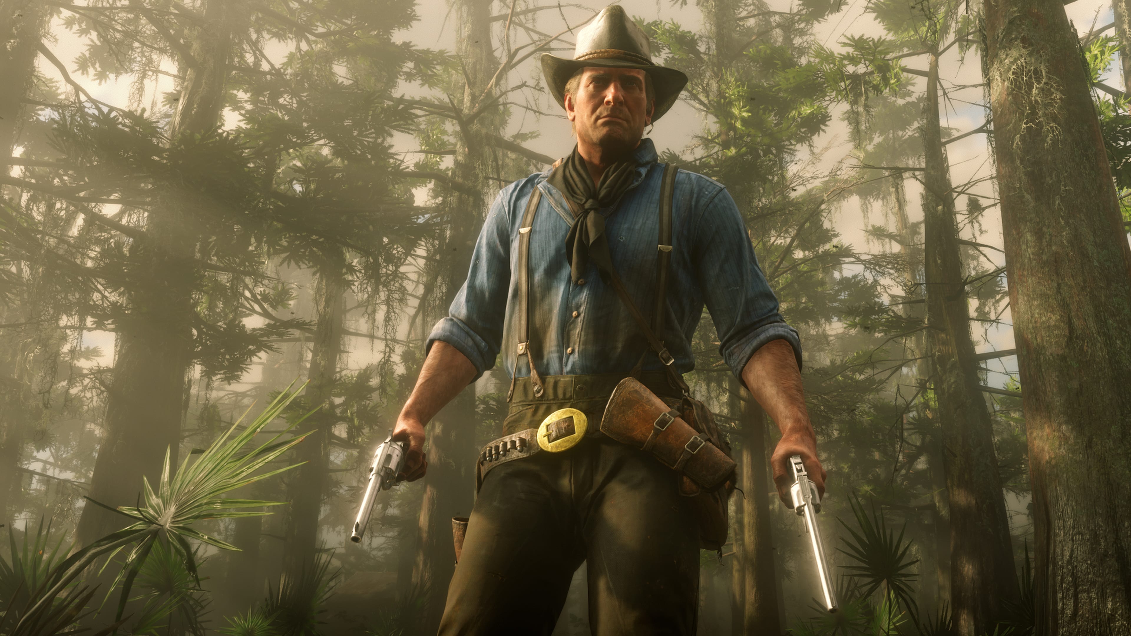 Arthur Morgan With Gun In Background Of Trees Mountain And Sky With Clouds  HD Red Dead Redemption 2 Wallpapers, HD Wallpapers